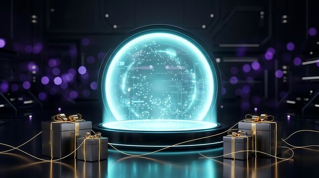 Futuristic product display podium with glowing digital portal and wrapped black gift boxes