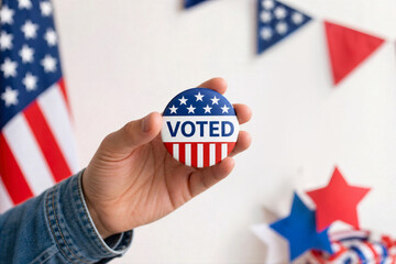 Fototapeta premium US Voted button pin held in hand patriotic election democracy concept voter participation American flag election day campaign voting rights civic engagement Fourth of July decor
