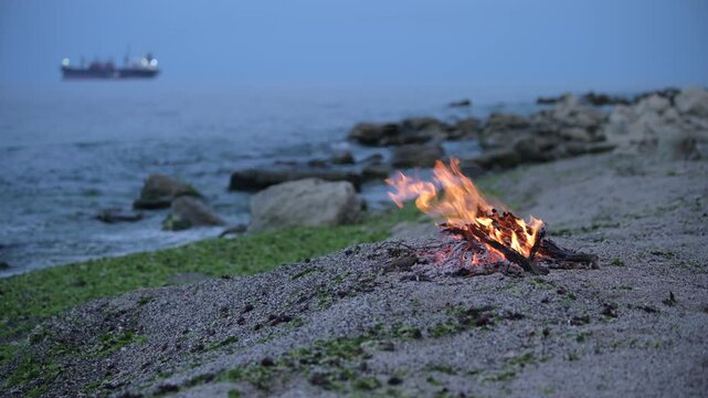Beach bonfire with sound of ocean waves and cargo ship on the horizon at dusk