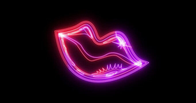Neon Lips Icon Animation on Black Background | Glowing Kiss Symbol Motion Graphic Loop