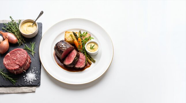 Premium Beef Tenderloin Steak with Red Wine Reduction and Herb Butter Presented as Elegant Fine Dining Main Course