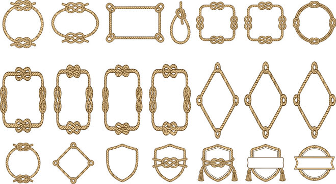 Nautical rope frame vector set featuring isolated traditional marine knots cord borders geometric badges shields circles and vintage seafaring decoration elements