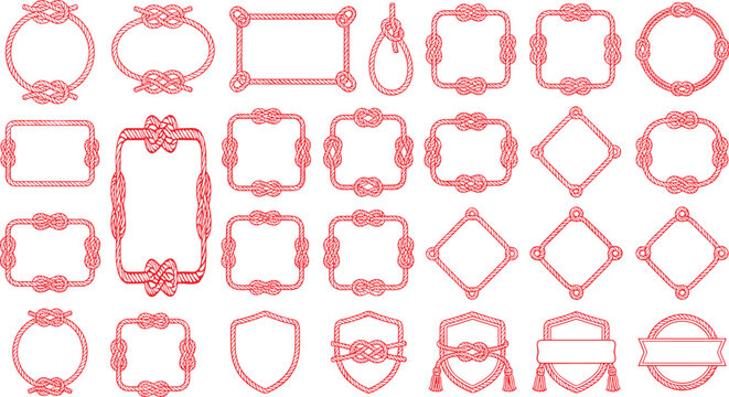 Nautical rope frame vector set featuring isolated red marine knots cord borders geometric badges shields circles and vintage seafaring decoration elements