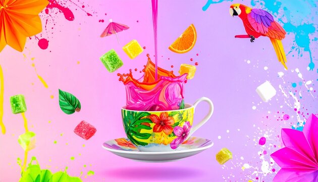 Abstract colorful parrot pouring pink liquid into decorated floral teacup with fruit slices on gradient background, splashing