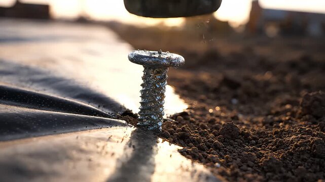 Industrial screw anchor being drilled into ground at sunset on construction site. Macro shot of metal fastener in earth, showcasing precision engineering and professional building processes.