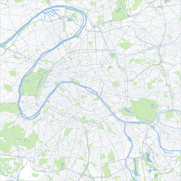 Minimal vector city map of Paris with streets, parks and River Seine