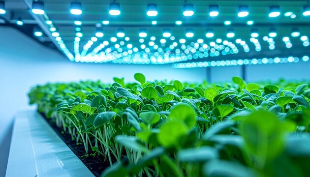 Close up of vibrant green hydroponic lettuce plants under LED grow lights.