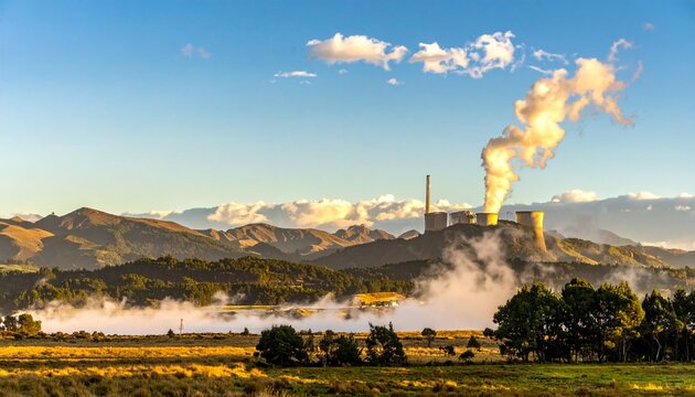 Industrial facility with smokestack emitting white smoke.