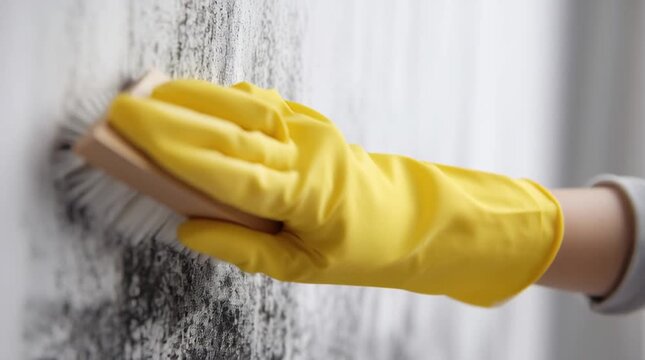 Close-up video of a hand wearing yellow rubber gloves scrubbing mold from a damp wall with a cleaning brush. Household cleaning, mold removal, home maintenance, hygiene and sanitation concept.