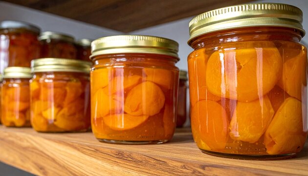 Three glass jars filled with orange liquid on wooden table.