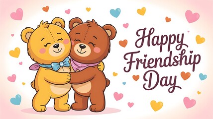 Fototapeta premium Happy friendship day illustration with two teddy bears embracing