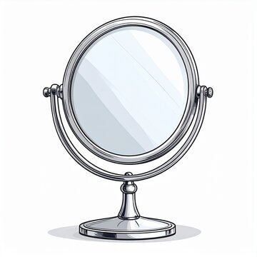 Modern round wall mirror with chrome frame and stand.