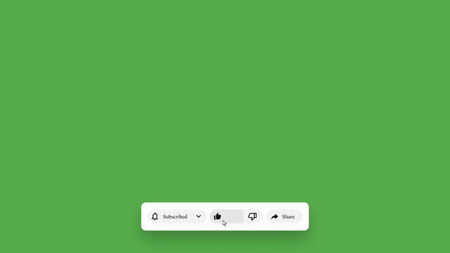 Horizontal green screen social media lower third animation featuring a mouse cursor clicking a subscribe button, triggering a bell notification and a thumb up like icon