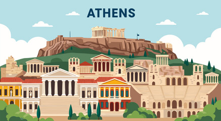Obraz premium A stunning travel vector illustration design featuring the ancient historic landmarks of Athens for a vibrant city background wallpaper
