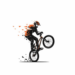 Obraz premium Stylized vector illustration of a male BMX rider performing a manual wheelie stunt, featuring dynamic geometric disintegration with orange and black triangular shards.