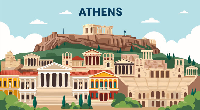 A stunning travel vector illustration design featuring the ancient historic landmarks of Athens for a vibrant city background wallpaper