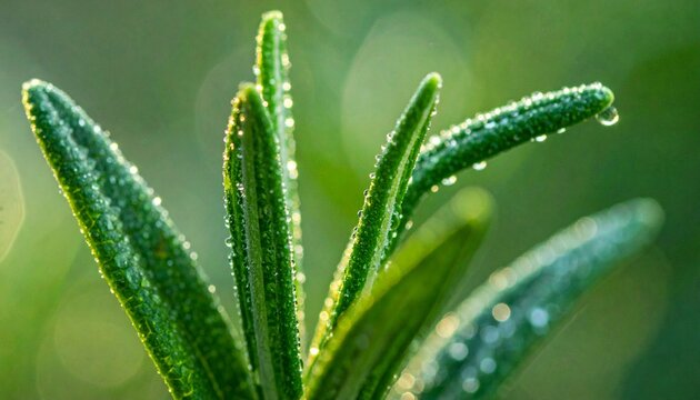Close up of green grass blades with water droplets.