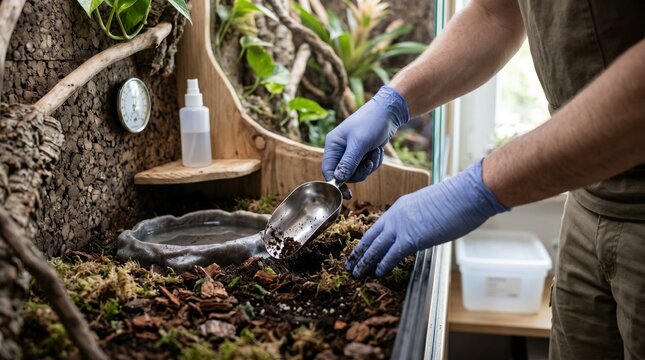 Keeper Hands Adjusting Humid Substrate Inside Exotic Habitat