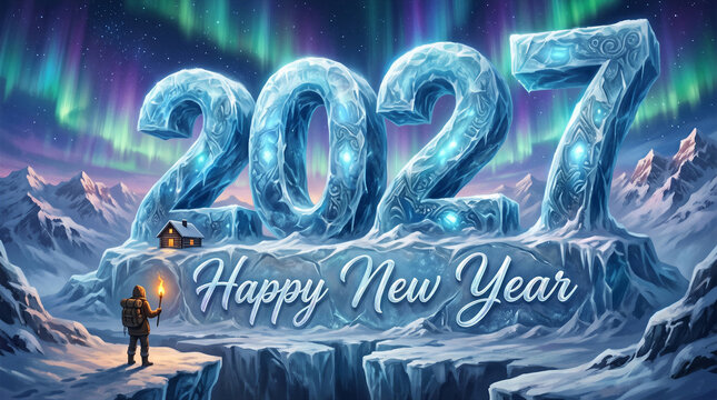 2027 Happy New Year, Futuristic Winter Landscape, Glowing Ice Typography With Snow Covered Mountains Aurora Sky Fantasy Scenery And New Year Celebration Background