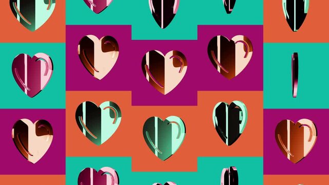 Heart romantic love and health multiple 3d golden metal symbols looped and seamless animation