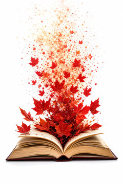 Surreal open book releasing flurry of red maple leaves white background concept