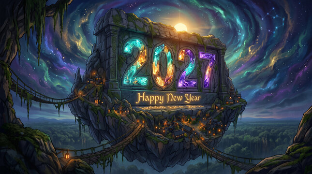 Happy New Year 2027, Fantasy New Year Background, Glowing 2027 Typography On Floating Island With Magical Night Sky Aurora Landscape And Festive Celebration