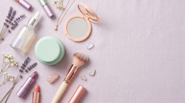 Flat lay of beauty products, including serum, face cream, lipsticks, and a makeup brush, styled with lavender and crystals on a light purple surface.