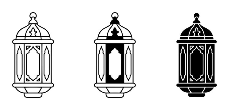 3 Islamic Lanterns icon set, outline and silhouette, for Ramadan and Eid celebrations
