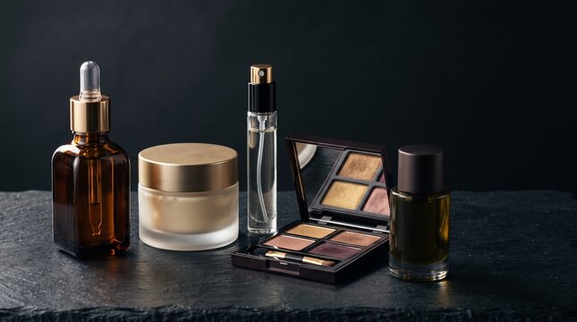 An elegant selection of premium skincare and makeup products, including serum, cream, perfume, and eyeshadow, set against a dark, moody background.