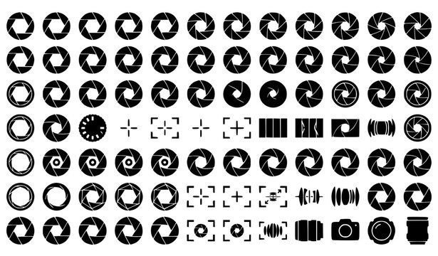 Black camera shutter aperture vector icon set with photography lens symbols