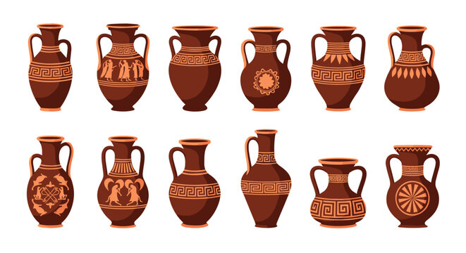 Assortment of traditional ancient Greek pottery and vases featuring classic patterns and mythological figures in brown tones.
