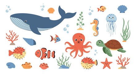 Obraz premium Vibrant underwater collection featuring various marine creatures like whales, octopuses, seahorses, and coral reef plants for educational use.