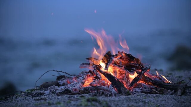 Bonfire burning on a rocky sea beach at dusk