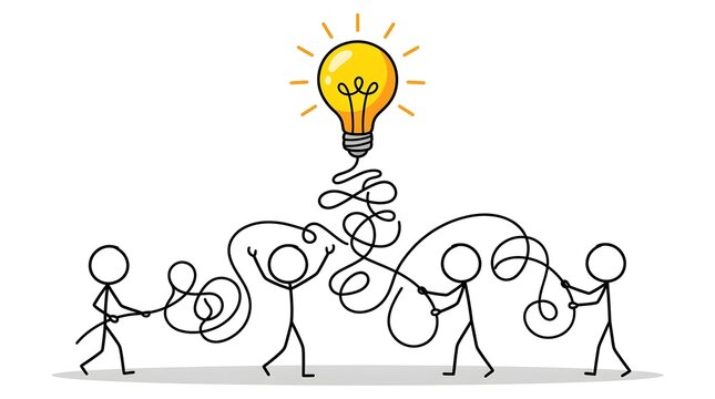 Five Stick Figures Collaborating to Untangle Thread Connected to Glowing Lightbulb, Teamwork Solving Problem Concept