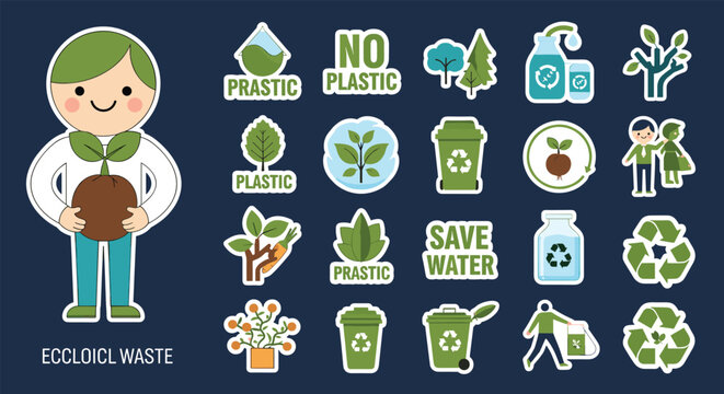 Green ecological set featuring a friendly character holding a tree and various icons for recycling, water saving, and plastic reduction.