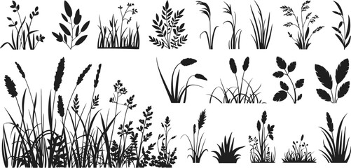 Ground cover elements featuring grass line, CAD landscaping, bush, shrub, herb, and natural silhouette vector designs. ©  