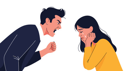 Fototapeta premium Tense domestic conflict showing an aggressive man shouting at a woman who is crying and covering her face in distress.