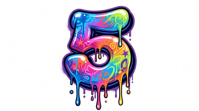 Graffiti-style number 5 with vibrant rainbow swirls, black outline, paint drips, splatters, and sparkles. Bold and energetic on white.