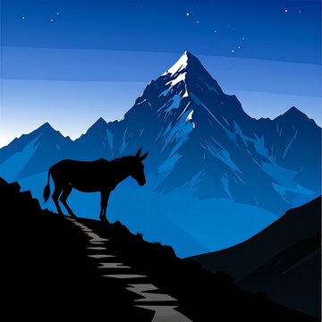 Horse silhouette running against majestic mountain backdrop at dusk.
