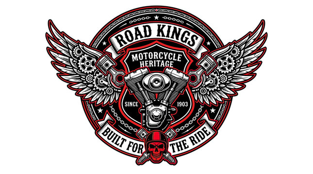 Motorcycle Emblem with Wings, Engine, Skull and Pinstripe Design
