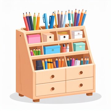 Colorful wooden toy storage unit with crayons and books.