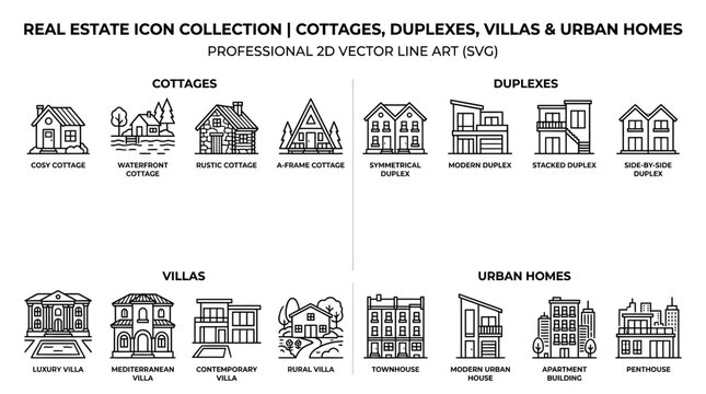 Real Estate Icons: Cottages, Duplexes, Villas, Urban Homes - Vector Art Collection