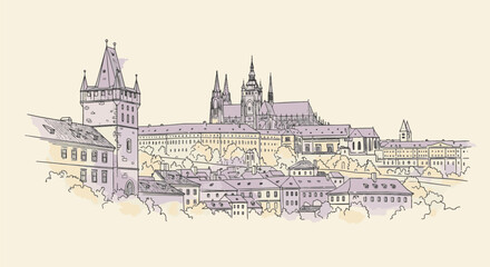 Fototapeta premium Artistic line drawing and watercolor illustration of the Prague Castle complex including St. Vitus Cathedral and Old Town Bridge Tower over historic rooftops in Prague, Czech Republic.