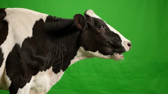 Profile of a Holstein Cow Head, Isolated on Chroma Key Green Screen.