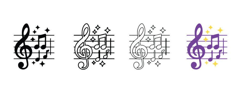 Music notes and treble clef symbols with sparkles on sheet music lines  various colors and styles  musical notation elements
