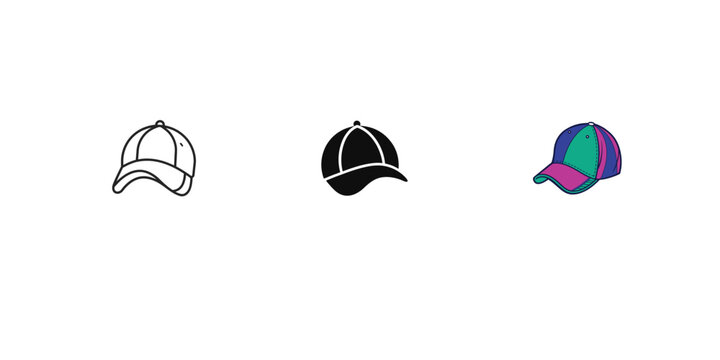 Baseball cap icon collection set in line style silhouette and colorful flat design vector.