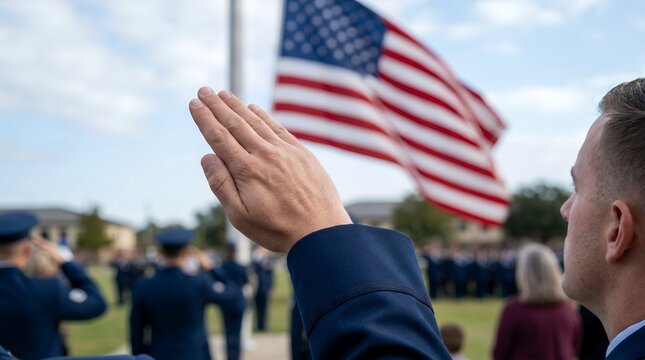 Military Officer Saluting American Flag During Outdoor Ceremony with Troops in Background.