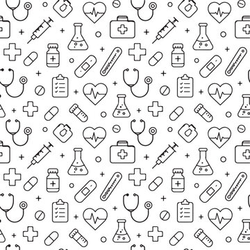 Medical and healthcare seamless pattern with hand drawn doodle icons Vector