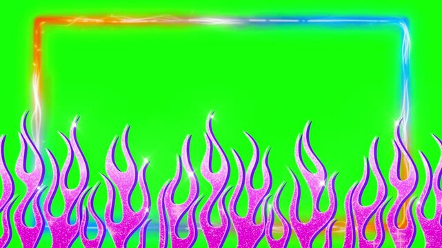 Flame border frames a bright green screen display with energetic purple fire elements and a glowing neon outline for high-impact social media video transitions or dynamic digital project overlays.