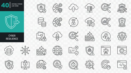Comprehensive Collection of Cyber Resilience Vector Icons Featuring Editable Stroke Outlines for Zero Trust Network Security Infrastructure and Digital Data Protection Technology Systems. © tae